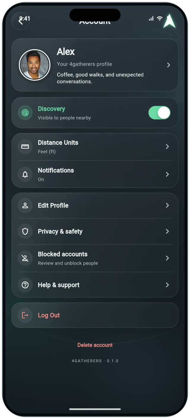 4gatherers account screen on iPhone with profile photo, discovery toggle and privacy controls.