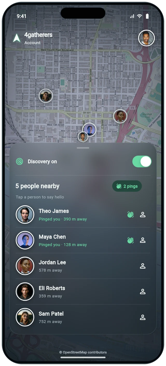 4gatherers on iPhone showing incoming pings shown first in the nearby list, with full-profile controls and a one-tap way to meet.